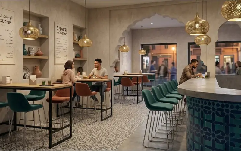 Mobilier et aménagement professionnel pour snack à Fès Maroc

