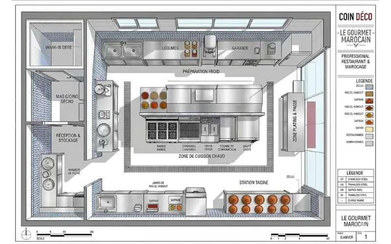 Plan d'aménagement d'une cuisine professionnelle pour restaurant à Fès